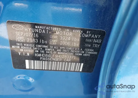 2017 Hyundai Elantra Value Edition z USA, uszkodzony, nr VIN KMHD84LF9HU283371